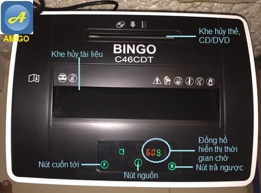 Công tắc và đèn báo trên máy hủy giấy Bingo